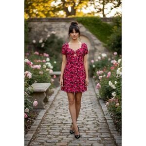 Steve Madden Valentine Hearts Mini Dress Red Pink Puff Sleeve Peekaboo Romantic